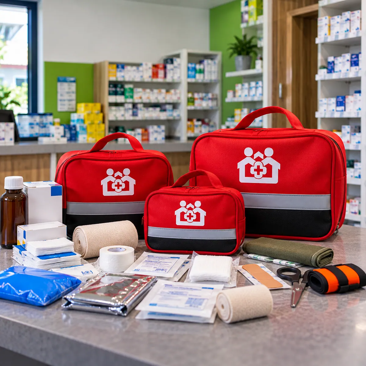 Safari vehicle first aid kit laid out with supplies